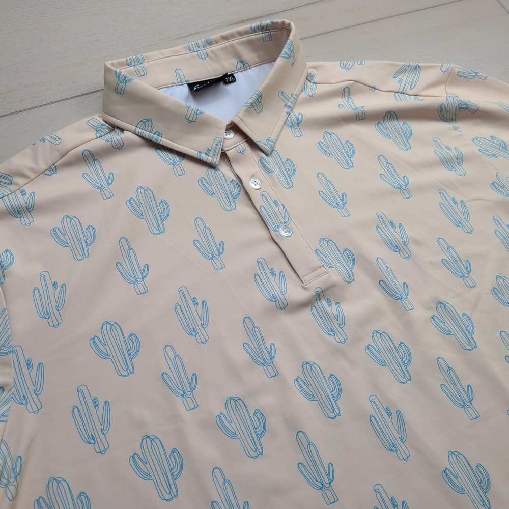 Sunday Swagger Polo Shirt Mens 2XL Prickle My Fancy Cactus Print Stretch Beige